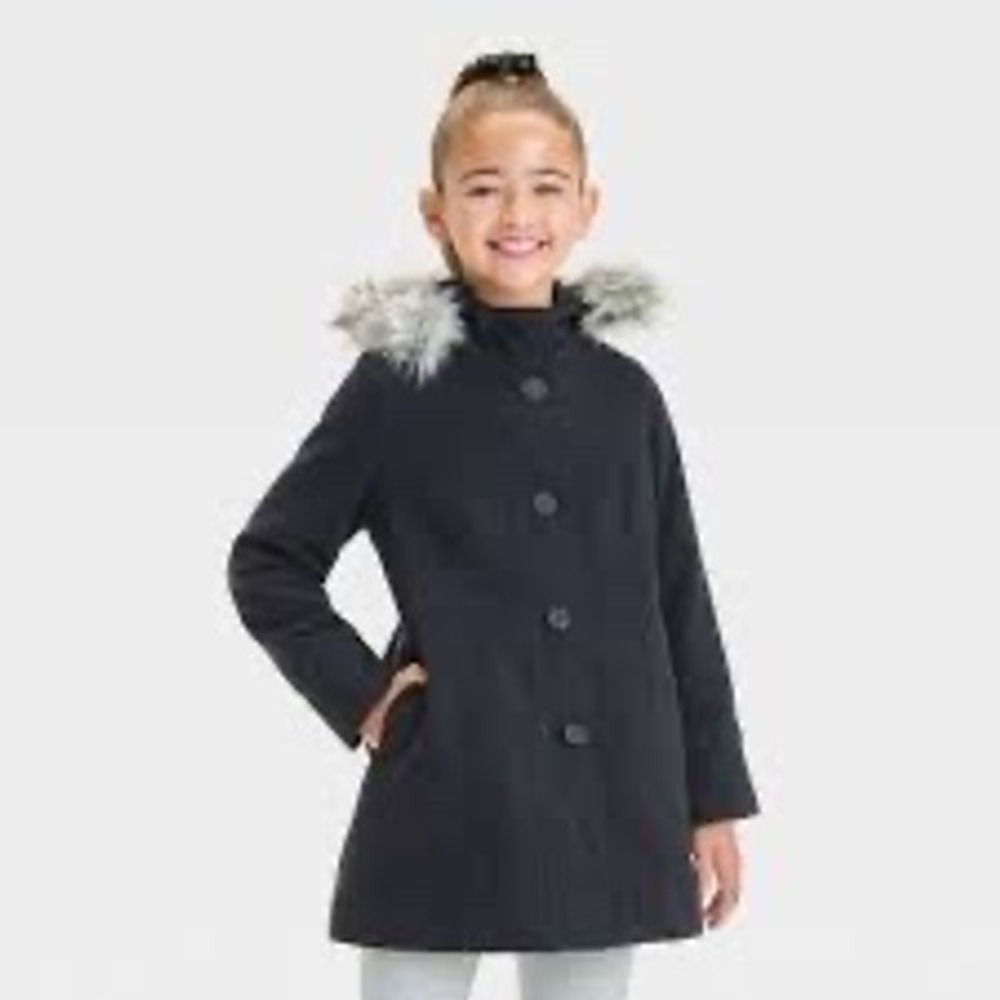 Cat & Jack Girls Black Faux Fur Hood Winter Parka Jacket Coat Size L 10-12 NWT